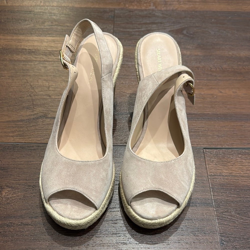 Stuart Weitzman Suede Beige Peep Toe Wedges